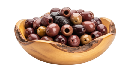 Wooden bowl filled with olives isolated on transparent background