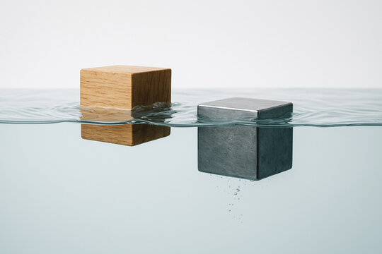 Floating Wooden Cube vs Submerged Metal Cube in Clear Water &ndash; Physics Concept of Buoyancy