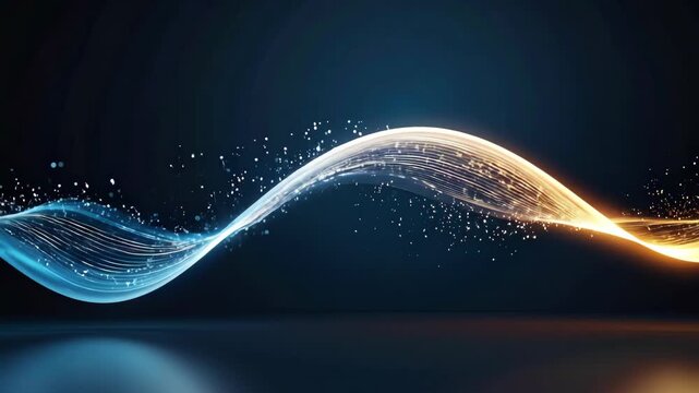 Abstract flowing light particles on dark background.