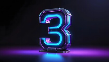 Futuristic Illuminated Number Three, Neon Glow, Cyberpunk Aesthetic, 3D Render.
