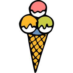 Hand Drawn Ice Cream Cone With Three Scoops of Pink Yellow and Green Flavors on a White Transparent Background