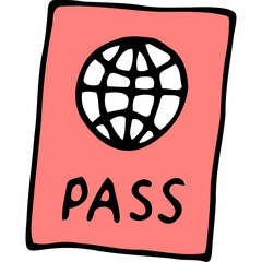 Hand Drawn Icon Of A Pink Passport With A Black Globe And The Word Pass On It On A Transparent Background