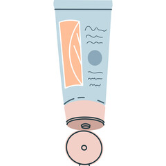 Hand Drawn Illustration Of A Cosmetic Tube With Pink Cap And Light Blue Label Featuring Orange Product And Blue Wavy Lines On A Transparent Background