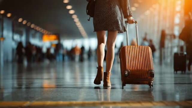 A traveler in a busy terminal pulls a wheeled suitcase under warm orange lights. Moving crowds blur