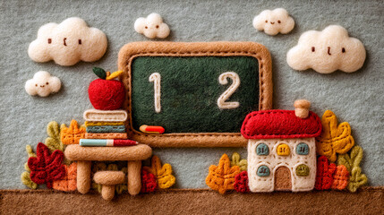A colorful scene of a classroom with a chalkboard and a house in the background. The chalkboard has the numbers 1 and 12 written on it