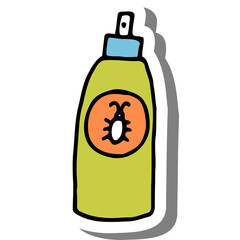 Hand drawn illustration of a pest control spray bottle with a bug icon on a yellow green bottle with a blue cap and a grey shadow on a transparent background vector art