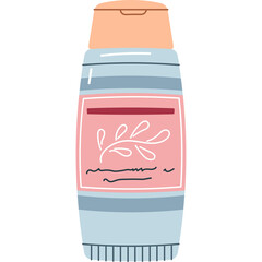 Hand drawn illustration of a light blue bottle with a pink label and a peach colored cap featuring a botanical design and handwritten text on a transparent background