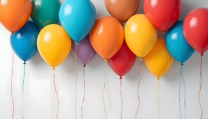Colorful Balloons Floating Against White Background, Celebration, Party, Joyful, Festive.