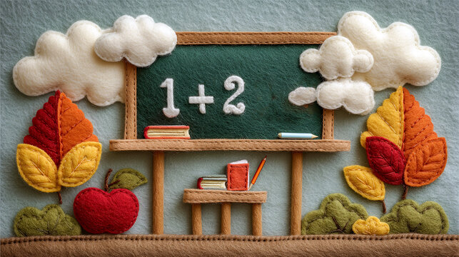 A green chalkboard with the numbers 1 and 2 on it. The chalkboard is surrounded by trees and leaves, and there is a table with a book and a pencil on it