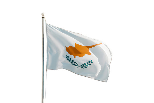 Waving flag of Cyprus with copper island outline and green olive branches against clear sky