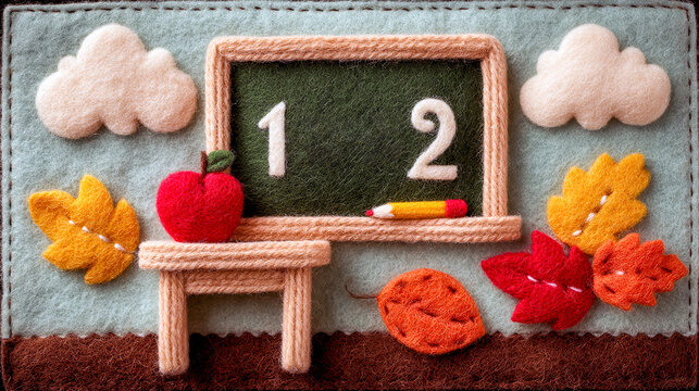 A colorful scene of a classroom with a chalkboard and a desk. The chalkboard has the numbers 1 and 2 on it. There is a wooden desk with a chair and a pencil. A red apple is placed on the desk - Powered by Adobe