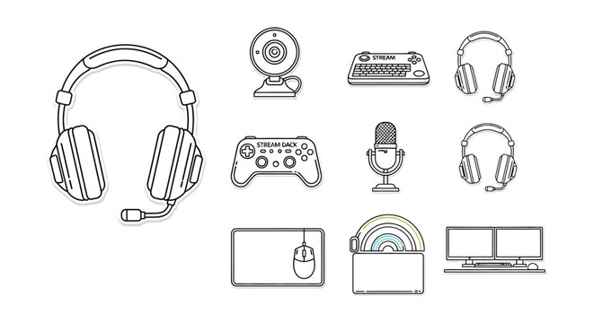 gaming setup illustration showcasing essential streaming equipment and gaming peripherals against a white background ideal for tech blogs and gaming website assets.