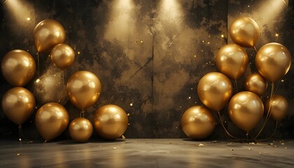 Golden Balloons Against Textured Wall with Spotlights and Confetti, Celebration Backdrop