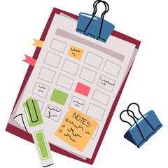 Hand drawn illustration of a planner with sticky notes and clips on a transparent background organized for scheduling and tasks