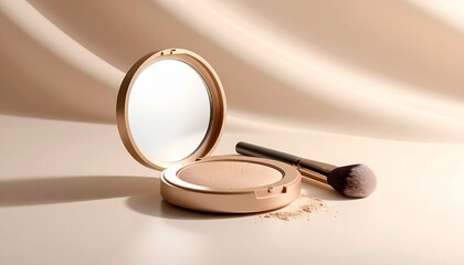Elegant makeup compact with brush and powder creating a radiant beauty look
