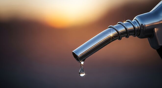 a close up of a fuel nozzle dripping gasoline at a gas station with a blurred background effect at sunset