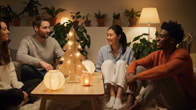 Friends celebrating holiday together around table with lights and wooden Christmas tree on the table