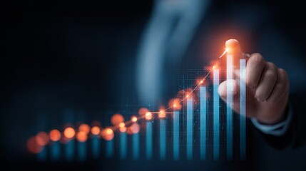 Confident hand guides glowing upward trending graph, symbolizing financial growth and successful business strategy in a modern digital space