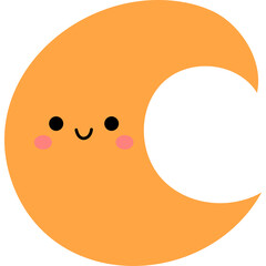 Hand Drawn Orange Crescent Moon Character with Cute Smiling Face and Rosy Cheeks Against a Transparent Background