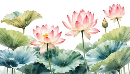 Watercolor Lotus Flowers and Leaves on White Background, Delicate Pink Petals, Serene Composition