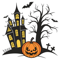 Halloween-themed illustration featuring a grinning jack-o'-lantern, a haunted house with glowing windows, a twisted leafless tree, flying bats, and tilted gravestones.
