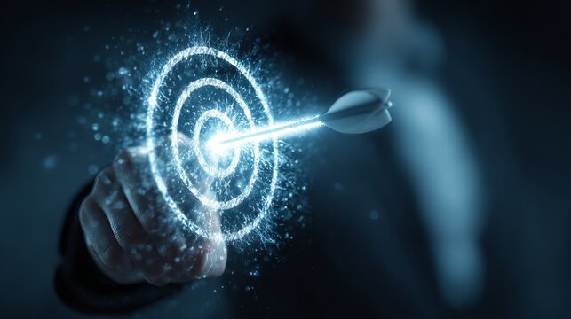 Achieve your ultimate business goals with precision as a dart hits the bullseye in a dynamic, glowing target concept.