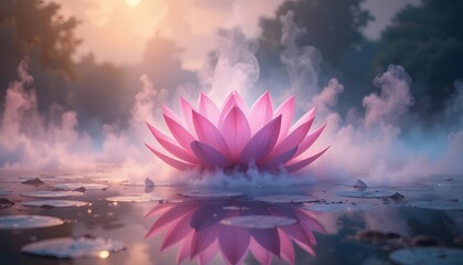 Majestic Pink Lotus Flower Floating on Calm Water with Reflection