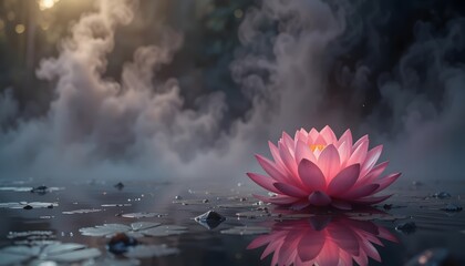 Serene Pink Lotus Blossom Reflecting in Misty Waterscape, Tranquil Beauty