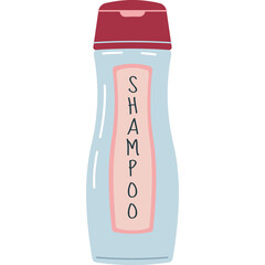 Hand drawn shampoo bottle with red cap and pink label featuring vertical text on a transparent background illustrative style