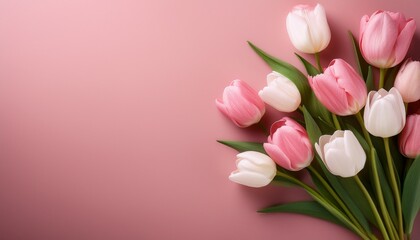 Fototapeta premium Bouquet Of Pink And White Tulips On A Pink Background Flat Lay Copy Space