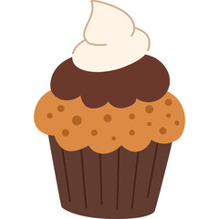 Hand Drawn Style Chocolate Cupcake With Cream Swirl And Sprinkles Isolated On Transparent Background