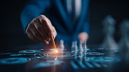 Professional businessman strategically planning future growth with glowing digital interface and subtle chess pieces in modern office