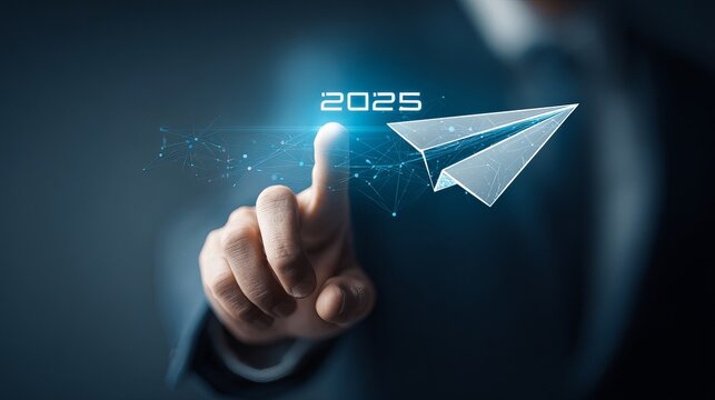 Innovative businessman launches digital future with futuristic paper airplane and glowing 2025 interface, embracing technology and progress.