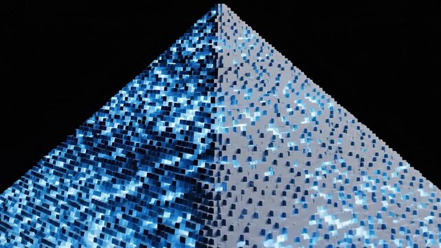 Abstract Geometric Pyramid Structure with Dynamic Blue and White Glowing Cubes Motion