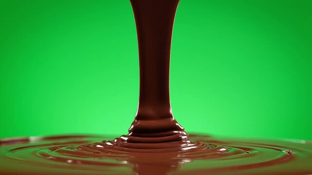 A stream of rich, decadent melted dark chocolate being poured, creating beautiful ripples in a pool against a vibrant green screen background