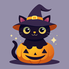 Cute black cat wearing witch hat sitting in a jack o lantern silhouette isolated on white background
