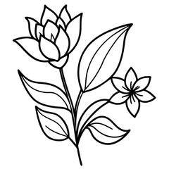 Elegant black outline of blooming flowers and leaves silhouette isolated on white background