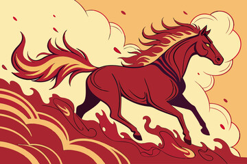 Majestic red horse galloping through fiery clouds silhouette isolated on white background