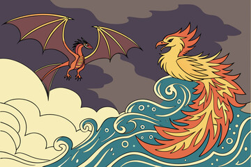 Mythical phoenix and dragon confrontation in a stylized landscape silhouette isolated on white background