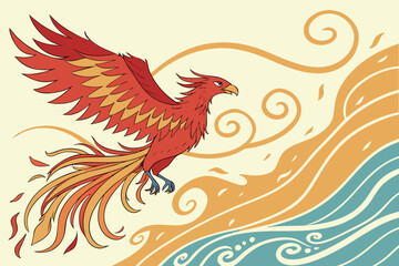 Fototapeta premium Majestic red and orange phoenix bird flying silhouette isolated on white background