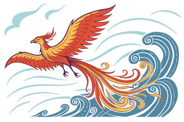 Majestic fiery bird silhouette flying over stylized blue waves isolated on white background