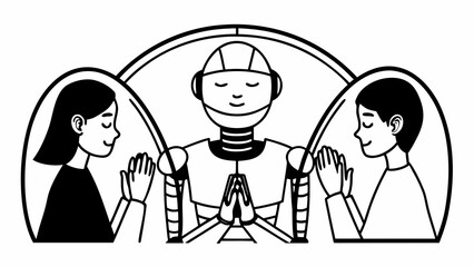 Robot and humans praying together in a stylized silhouette isolated on white background