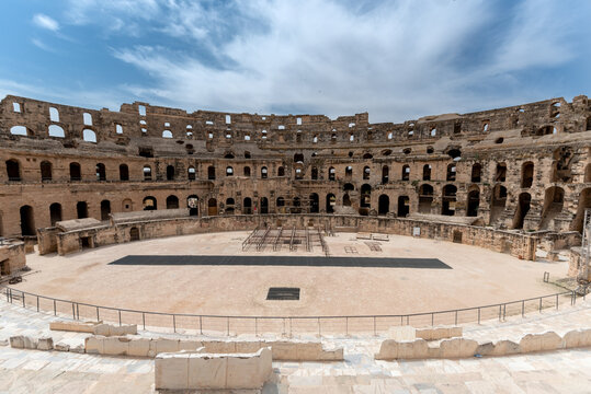 Amphitheatre of El Jem in Tunisia. Amphitheatre is in the modern-day city of El Djem, Tunisia.