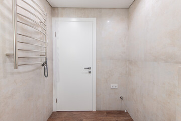 Bright Elegant Modern Bathroom Interior Design of Shower With White Sink. Marble Tiled Walls and Faucet.