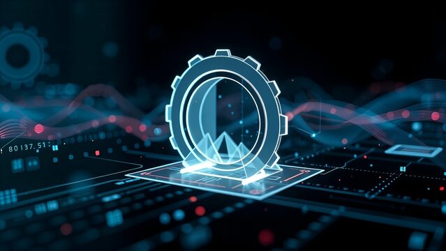 vitual digital hologram holographic glass gear on floating signal wave network landscape 