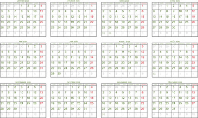 Grilles calendrier pour l'année 2026