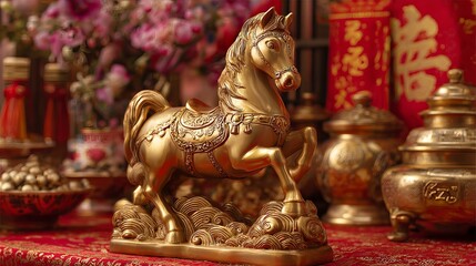Fototapeta premium Stunning golden horse statue symbolizing prosperity and good fortune in a vibrant, celebratory setting with auspicious decorations and floral accents