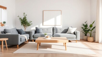 Fototapeta premium Modern living room with grey sofa and blank frame