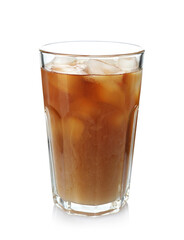 Tasty coffee with ice cubes and milk in glass isolated on white
