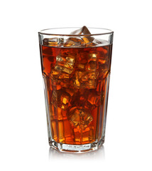 Tasty coffee with ice cubes in glass isolated on white